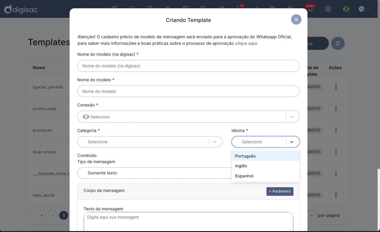 Create template modal, old look