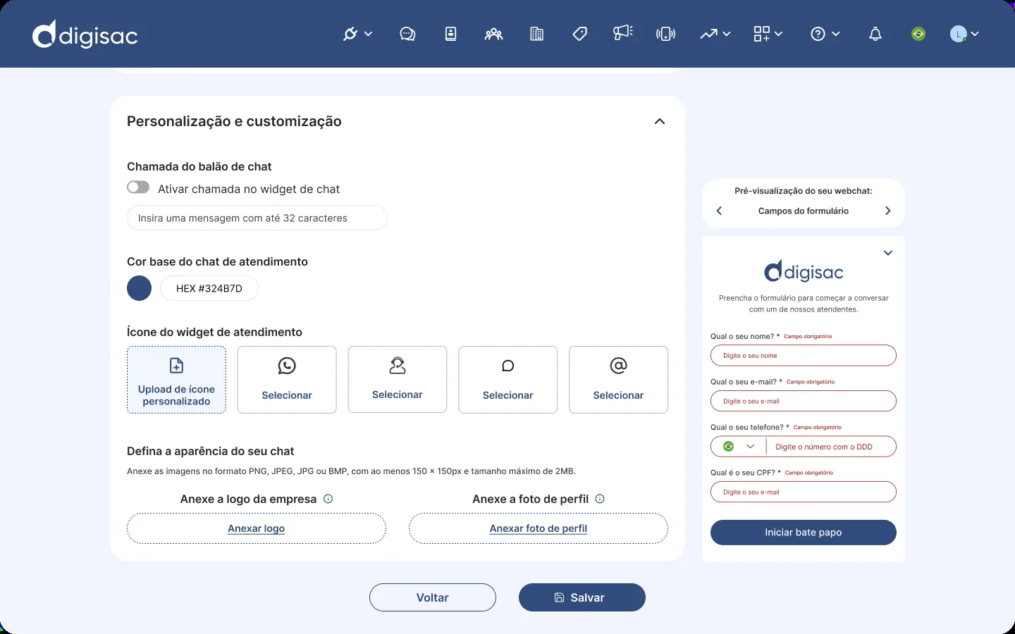 Personalizar o chat e o widget