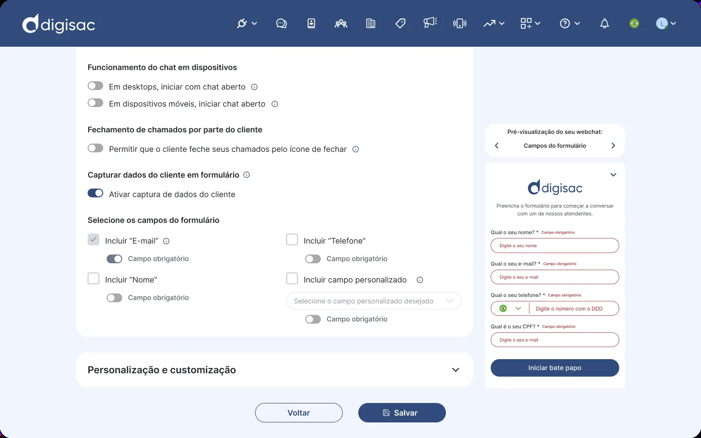 Campos obrigatórios e opcionais